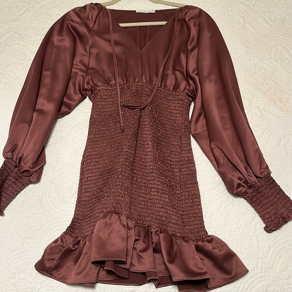 NWOT RARE Karlie Smocked Satin Ruffled Mini Dress in Muave Size S - Picture 3 of 11